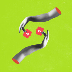 Hands aesthetic on bright background, artwork. Concept of human relation, community, togetherness, symbolism, surrealism.