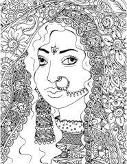 Indian woman adults coloring page book black and white outline ethnic ornament