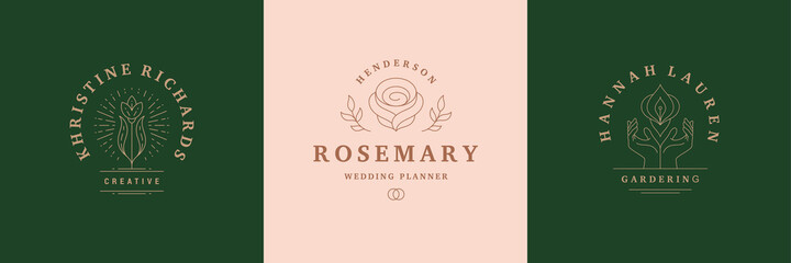 Botanical logos emblems design templates set with blossom flowers and rose vector illustrations minimal line art style