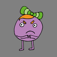 funny girl character with different emotions. The girls are holding different cosmetics in their hands. A mischievous girl with frowning eyebrows. Vector. Isolated over white background. Cartoon