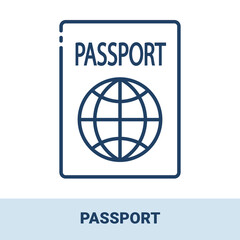 Passport outline monochrome icon with title. Concept of travel, summer vacation and rest. Vector monochrome illustrations isolated on white background.