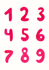 Hand-drawn numbers from 1 to 9 in bright marker. Ideal for school notebooks and notepads, posters and postcards