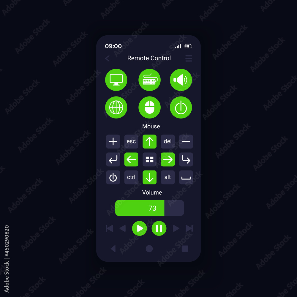 Poster device virtual control from smartphone interface vector template. mobile app page design layout. wir