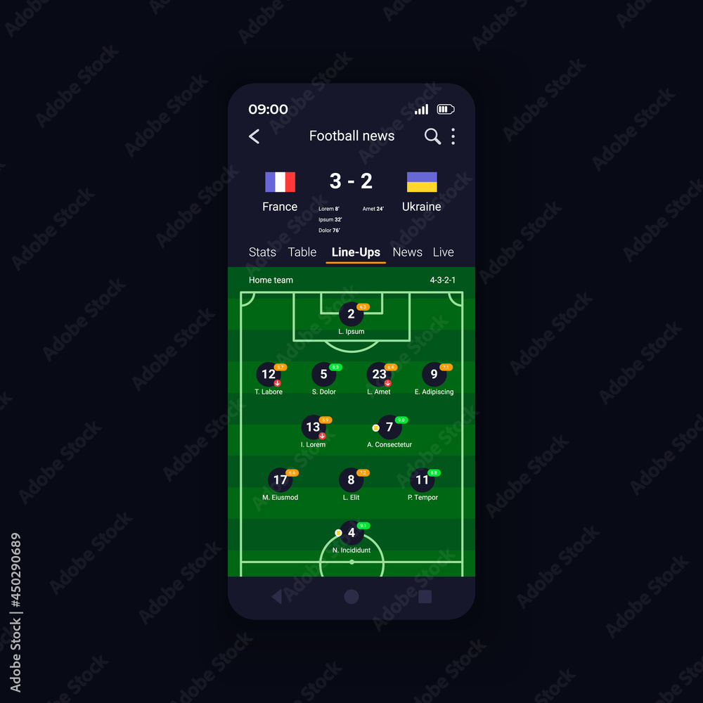 Poster live match football scores smartphone interface vector template. mobile app page design layout. offi
