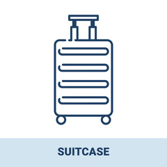 Fototapeta premium Modern plastic suitcase outline monochrome icon with title. Concept of travel, summer vacation and rest. Vector monochrome illustrations isolated on white background.