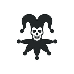 Skull in jester cap graphic icon. Joker vintage sign isolated on white background. Buffoon symbol. Vector illustration