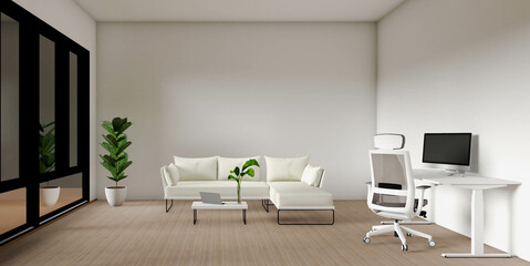 3d rendering of modern living room. Home living include white sofa set and working set.