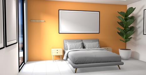 3d rendering of perspective bedroom with tree decoration and frame. Orange wall with white wall in the room.