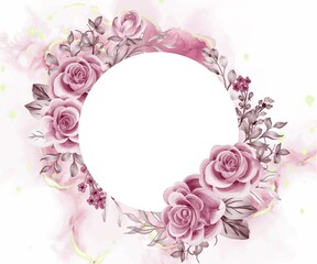 Watercolor background rose gold flowers and leaves with white space round