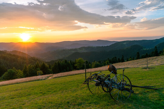 Fototapeta Beskid Sądecki, wschód słońca nad Piwniczną-Zdrój, Widok z Obidza na pasmo Jaworzyny. konna przegrabiarka do siana, na łące