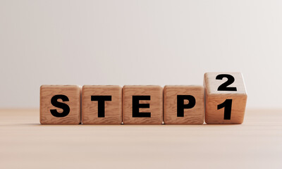 Wooden cube block flipping change step 1 to 2 on table for progressive project or method by 3d...