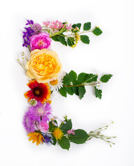 Letter E, concept alphabet design. Floral summer font. Seasonal decorative beautiful type mades of...