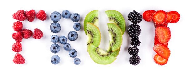 Fruits. Mixed fruits and berries on the white background. Word fruit.