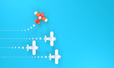 Group of white planes in one direction and one red plane pointing the other on a blue background. business for new ideas Creativity, innovation, independence and problem solving