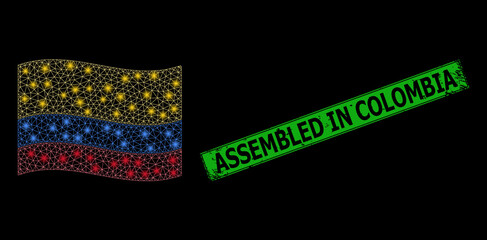 Bright mesh polygonal waving Colombia flag with light spots, and grunge Assembled in Colombia rectangle stamp. Green rectangle Assembled in Colombia grunge stamp.