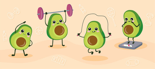 Sports live avocados lift a barbell, jump rope, measure weight and do fitness