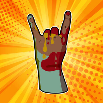 Cool horns hand gesture - symbol of fortune and trendy youth culture, pop art illustration. Vector poster drawing in retro comic style.