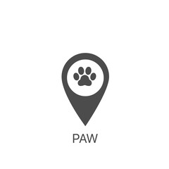Paw vector icon. Pets here pinpoint icon. Pet shop map point sign