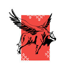 powerful bison with wings. symbol of strength and freedom. logo graphic arts Vector hand-drawn stock illustration White isolated background. symbol of Belarus. national ornament. white and red accent
