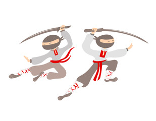 Ninja in a fighting stance with a katana sword Vector stock illustration White isolated background Cartoon style humor. Slavic clothes 