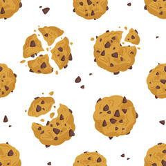 Seamless pattern with oatmeal cookies and chocolate chips. Sweet homemade cakes pattern. Suitable for kitchen textiles, print design, etc. Vector cute illustration in minimalism style on white