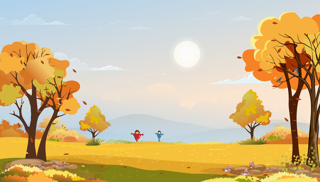 Autumn rural landscape in evening light with sunset, blue and pink sky background,Vector Cartoon fall season at countryside with forest tree and grass field with sunrise,Backdrop banner for Autumnal