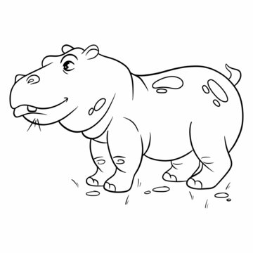 Animal character funny hippo in line style coloring book.