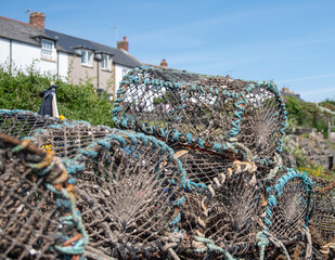 Close up of stacked lobster pots