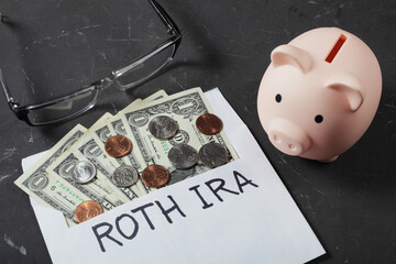 retirement concepts, retirement concept, piggy bank pig next to envelope with one dollar bills