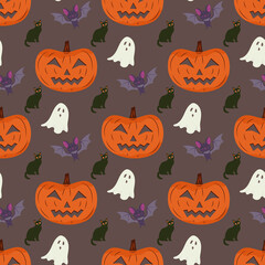 Halloween seamless pattern with pumpkin, cat and vampire bat.