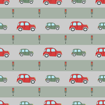 Seamless pattern with cute cars and traffic lights. For baby textiles, wrapping paper and packaging.
