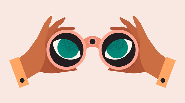 Hands holding binoculars, big eyes looking forward through lenses. Concept of search, vision, view, spying. Future strategy, business opportunity, exploration. Isolated vector illustration