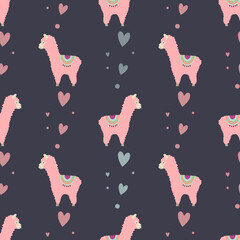Seamless pattern with cute pink llama and hearts. For children's design, textiles, wrapping paper and packaging.