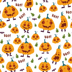 Halloween pattern with cute pumpkins and letters boo. Children s cartoon pattern for Halloween. Cheerful yellow pumpkins with smiles on a white background. Vector illustration for packaging