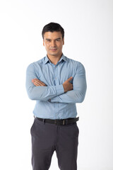 Fototapeta premium Portrait confident happy smilling handsome business man in suit on white background. Caucasian people.
