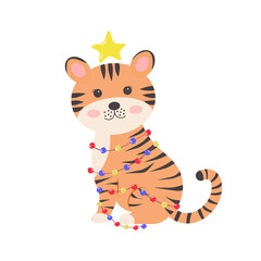 Fototapeta na wymiar Cute tiger with Christmas garland and star.