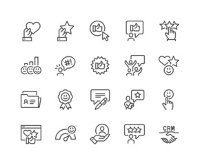 Simple Set of Customer Satisfaction Related Vector Line Icons. Contains such Icons as CRM, User Feedback, Rating and more. Editable Stroke. 48x48 Pixel Perfect.