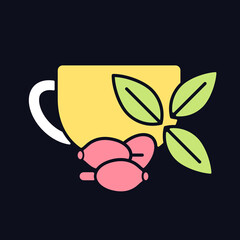 Rosehip tea RGB color icon for dark theme. Briar tea benefits. Beverage improves immunity and heart health. Isolated vector illustration on night mode background. Simple filled line drawing on black