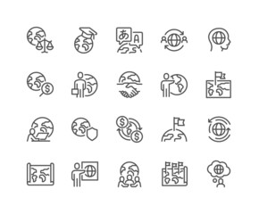Simple Set of Global Business Related Vector Line Icons. Contains such Icons as World Map, Outsource, Financial Transactions and more. Editable Stroke. 48x48 Pixel Perfect. © woopicx.com