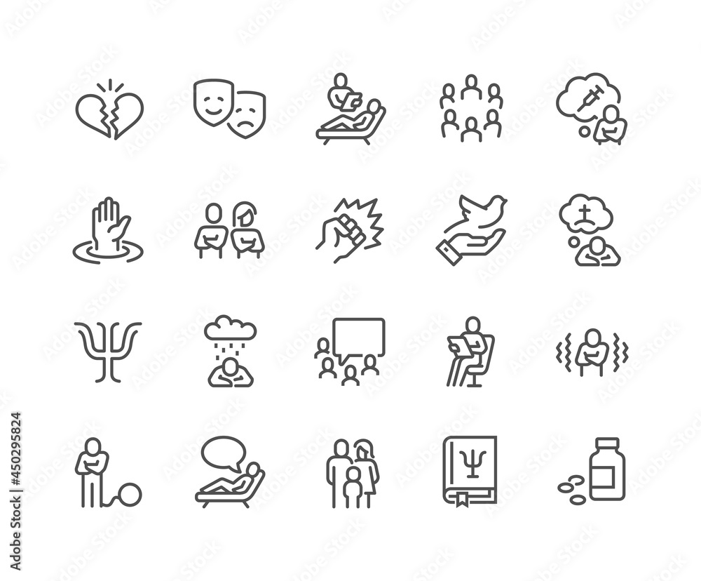 Wall mural Simple Set of Psychology Related Vector Line Icons. Contains such Icons as Family Relationship, Group Therapy, Addiction and more. Editable Stroke. 48x48 Pixel Perfect.