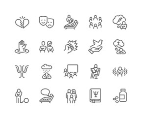 Simple Set of Psychology Related Vector Line Icons. Contains such Icons as Family Relationship, Group Therapy, Addiction and more. Editable Stroke. 48x48 Pixel Perfect.