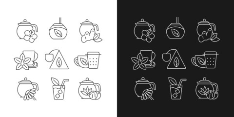 Tea and tea-like beverages linear icons set for dark and light mode. Hot herbal drink. Teacups and accessories. Customizable thin line symbols. Isolated vector outline illustrations. Editable stroke