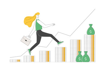 Successful financial buyer, investor, trader standing on coins chart. Profitable investment. Trendy line vector illustration