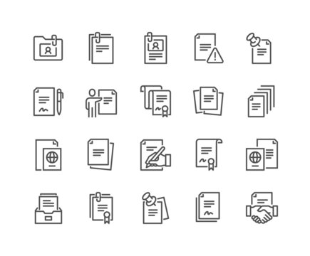 Simple Set of Documents Related Vector Line Icons. Contains such Icons as Contract, Passport, Blank Pages and more. Editable Stroke. 48x48 Pixel Perfect.