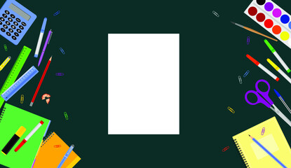 Obraz premium Multicolored school stationery accessories with a white sheet in the center on a dark green background. Flat vector illustration. Top view