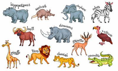 Large set of African animals. Funny animal characters in cartoon style.