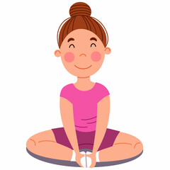 Childrenes sports gymnastics. The girl is sitting in the lotus position. Exercises for stretching the leg muscles. Vector illustration in a flat style on a white isolated background.