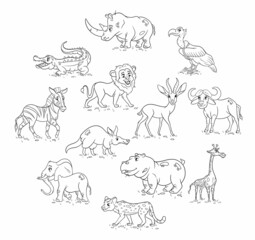 Large set of African animals. Funny animal characters in line style.