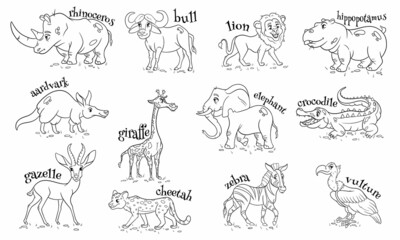 Large set of African animals. Funny animal characters in line style.