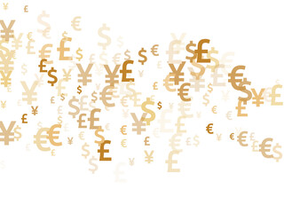 Euro dollar pound yen gold symbols flying money vector background. Jackpot backdrop. Currency